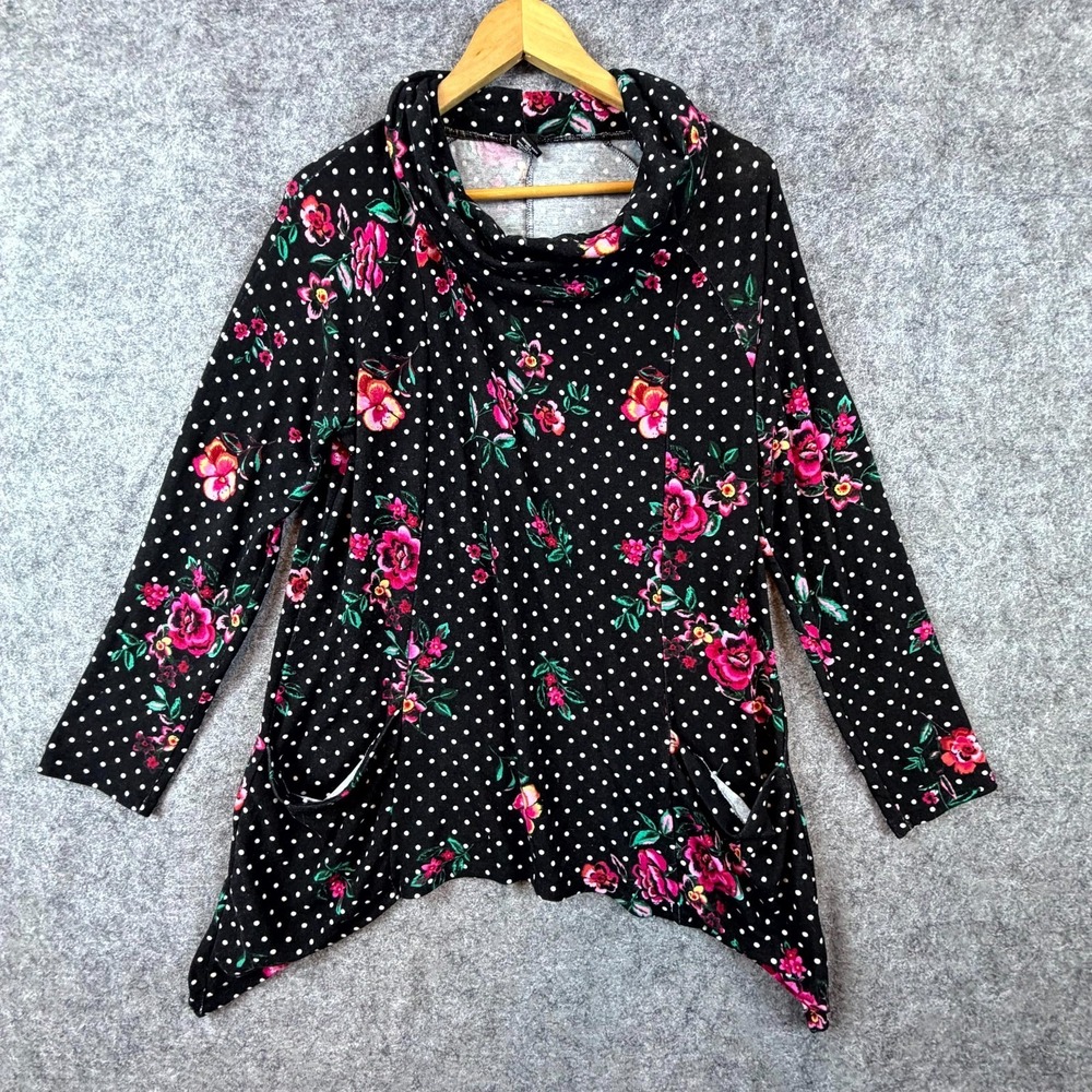Robert Louis Tunic Top Womens M Black Dark 90s Polka Dot Cowl Neck Sharkbite Hem
